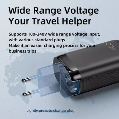 65W GaN 3 Ports USB Type-c Travel Adapter for High Speed Charging of Multiple Devices